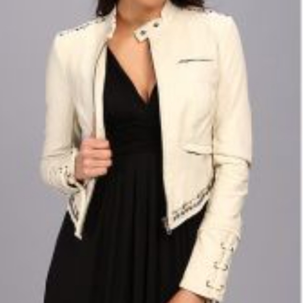 LIKE NEW. FREE PEOPLE embellished white vegan leather jacket! SIZE 4